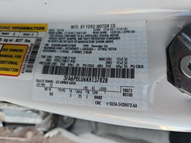 3FA6P0LU6KR137828 - 2019 FORD FUSION SE 白色 照片 12