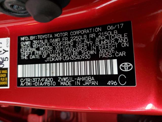 JTDKARFU5H3540930 - 2017 TOYOTA PRIUS RED photo 13