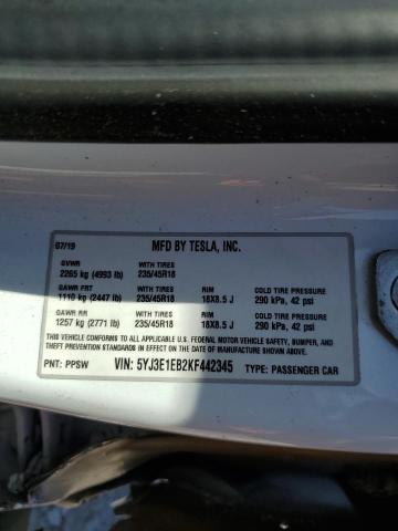 5YJ3E1EB2KF442345 - 2019 TESLA MODEL 3 თეთრი ფოტო 13