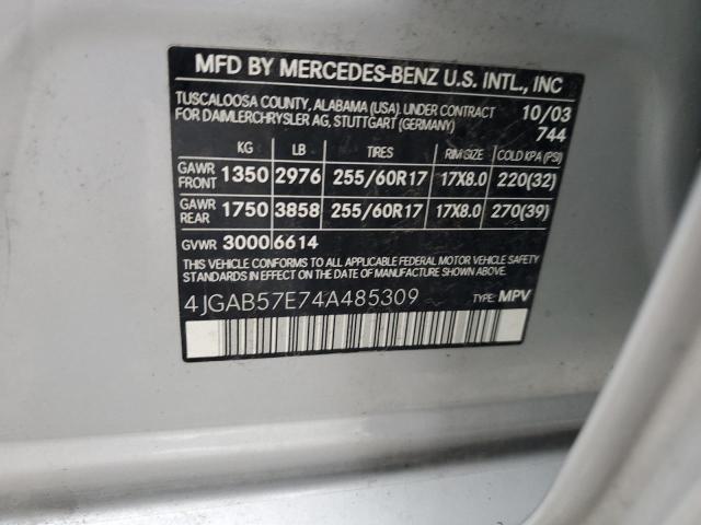 4JGAB57E74A485309 - 2004 MERCEDES-BENZ ML 350 SILVER photo 13