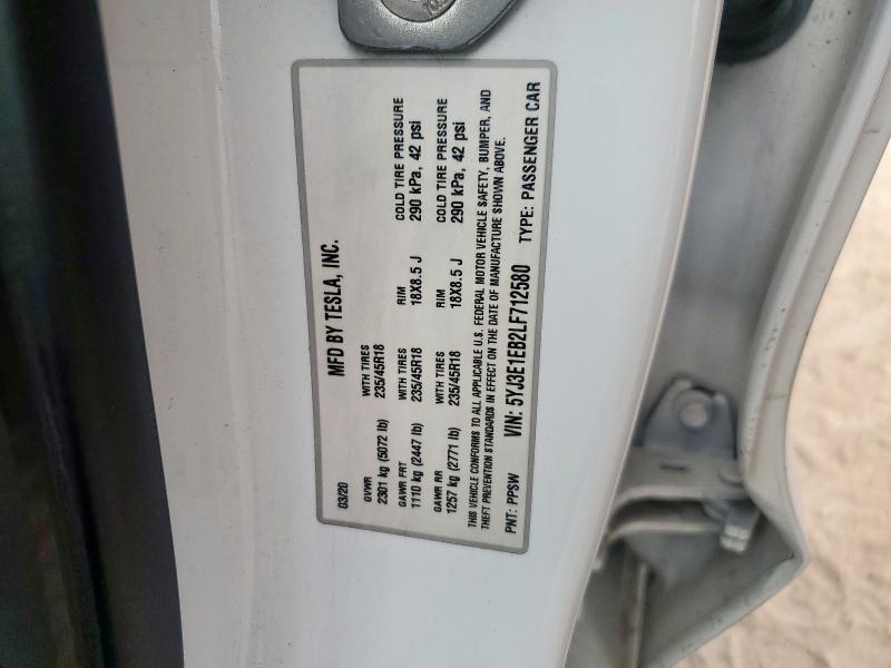 5YJ3E1EB2LF712580 - 2020 TESLA MODEL 3 Ağ foto 12