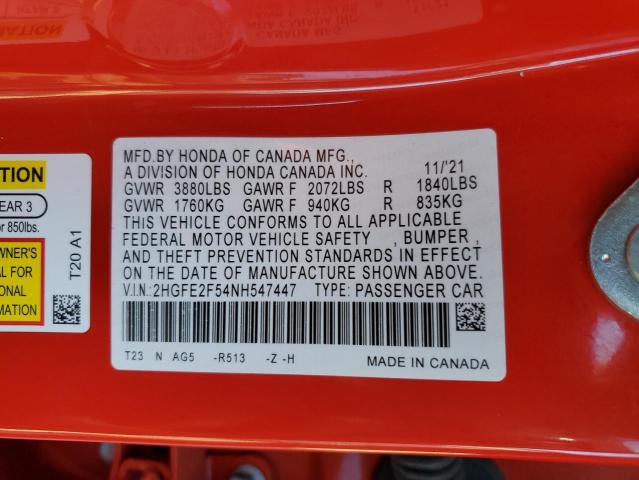 2HGFE2F54NH547447 - 2022 HONDA CIVIC SPORT წითელი ფოტო 12