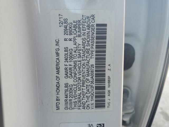 1HGCV2F36JA008726 - 2018 HONDA ACCORD SPORT WHITE photo 12