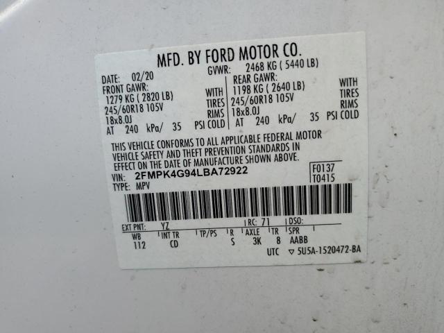 2FMPK4G94LBA72922 - 2020 FORD EDGE SE WHITE photo 14