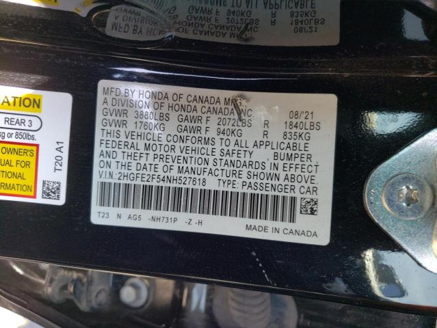 2HGFE2F54NH527618 - 2022 HONDA CIVIC SPORT 黑色 照片 12