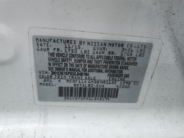 3N1CN7APXGL848194 - 2016 NISSAN VERSA S WHITE photo 12