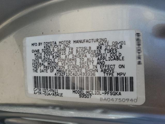 4T3ZF13C42U433336 - 2002 TOYOTA SIENNA CE LE SILVER photo 12