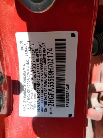 2HGFA55599H702174 - 2009 HONDA CIVIC SI RED photo 12