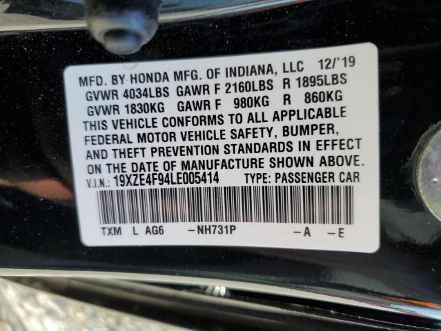 19XZE4F94LE005414 - 2020 HONDA INSIGHT TOURING BLACK photo 12