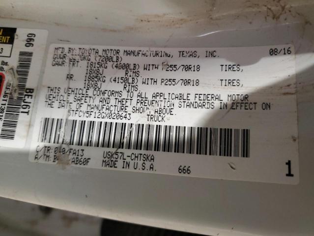 5TFCY5F12GX020643 - 2016 TOYOTA TUNDRA DOUBLE CAB SR/SR5 WHITE photo 12