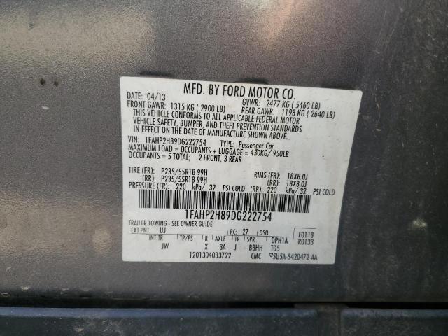 1FAHP2H89DG222754 - 2013 FORD TAURUS SEL GRAY photo 12