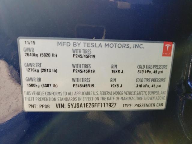5YJSA1E26FF111927 - 2015 TESLA MODEL S Կապույտ լուսանկար 13
