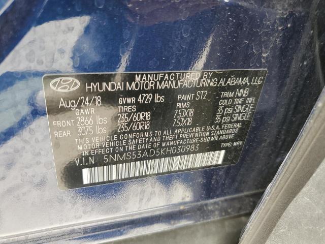 5NMS53AD5KH030983 - 2019 HYUNDAI SANTA FE LIMITED BLUE photo 12