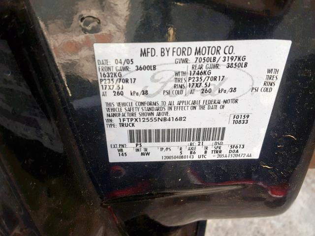 1FTPX12555NB41682 - 2005 FORD F150  photo 10