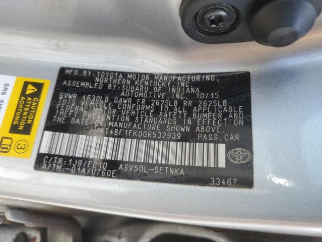 4T4BF1FK0GR532939 - 2016 TOYOTA CAMRY LE 银色 照片 12