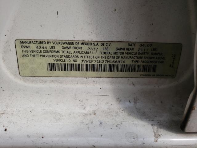 3VWEF71K27M166876 - 2007 VOLKSWAGEN JETTA WOLFSBURG 白色 照片 10