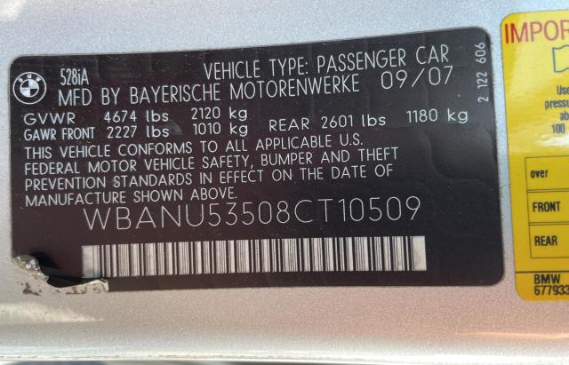 WBANU53508CT10509 - 2008 BMW 528 I SILVER photo 10