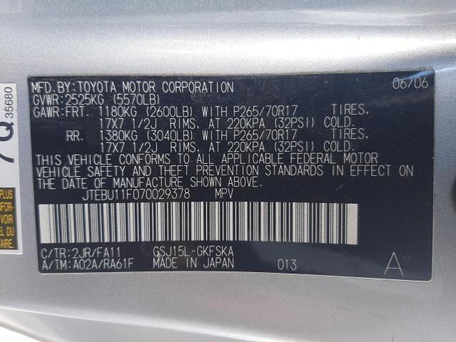 JTEBU11F070029378 - 2007 TOYOTA FJ CRUISER SILVER photo 10