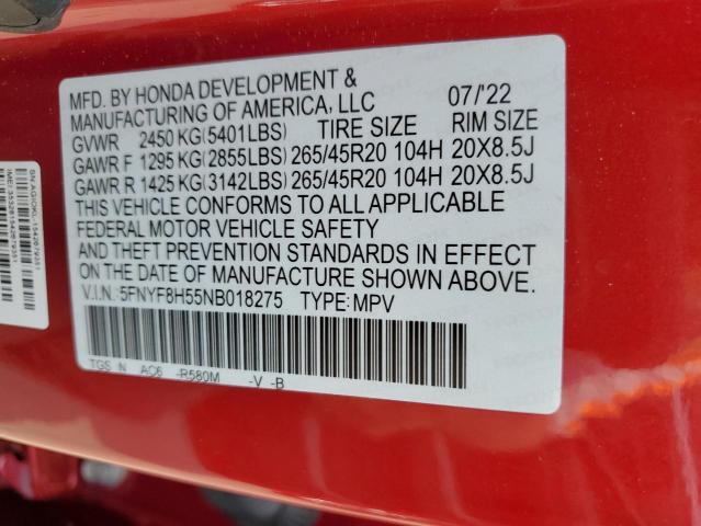 5FNYF8H55NB018275 - 2022 HONDA PASSPORT EXL RED photo 13