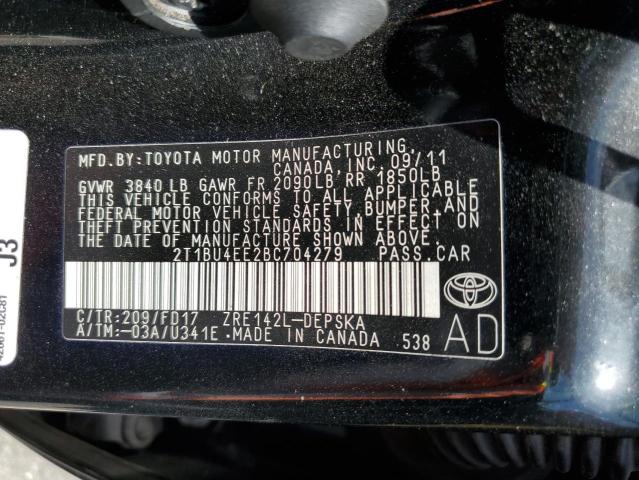 2T1BU4EE2BC704279 - 2011 TOYOTA COROLLA BASE BLACK photo 12