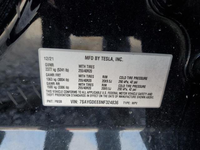 7SAYGDEE8NF324836 - 2022 TESLA MODEL Y Noir photo 12