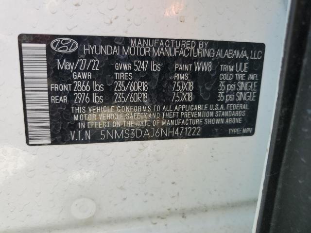 5NMS3DAJ6NH471222 - 2022 HYUNDAI SANTA FE SEL WHITE photo 12