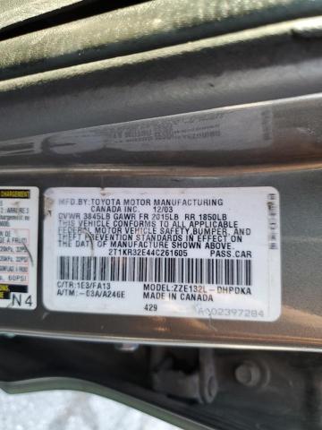 2T1KR32E44C261605 - 2004 TOYOTA COROLLA MA XR GREEN photo 12