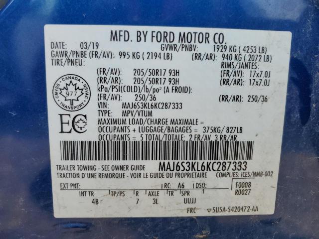 MAJ6S3KL6KC287333 - 2019 FORD ECOSPORT TITANIUM BLUE photo 13