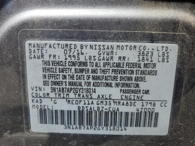 3N1AB7AP2GY318014 - 2016 NISSAN SENTRA S GRAY photo 13