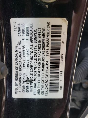 2HGFC1F33JH643451 - 2018 HONDA CIVIC EX BLACK photo 12