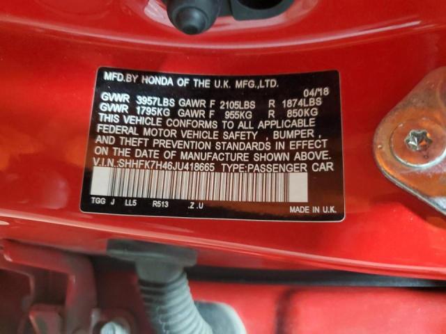 SHHFK7H46JU418665 - 2018 HONDA CIVIC SPORT 红色 照片 12