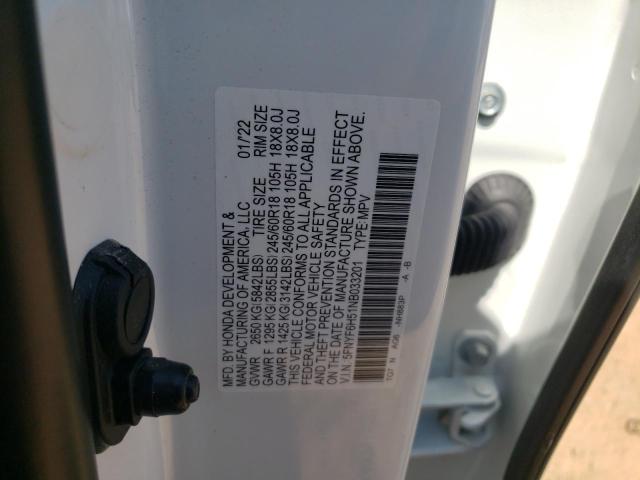 5FNYF6H51NB033201 - 2022 HONDA PILOT EXL თეთრი ფოტო 12