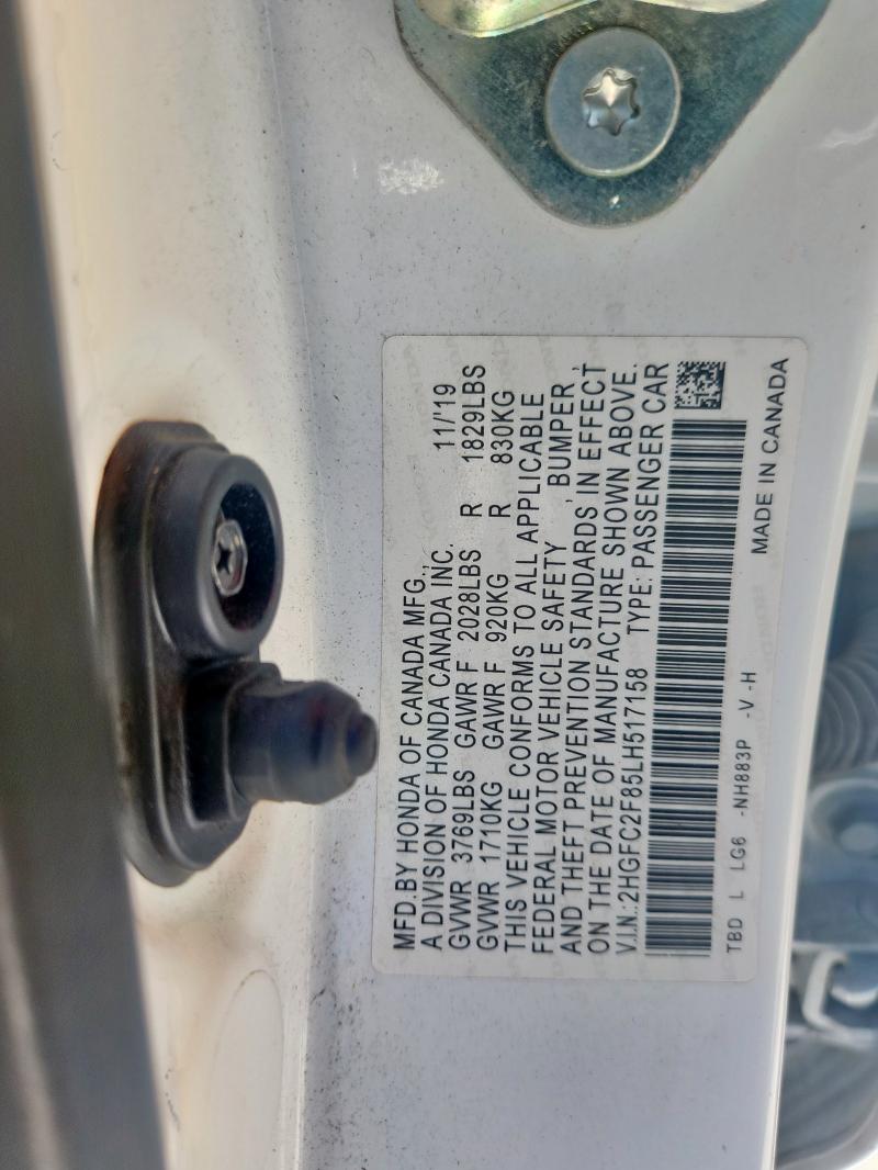 2HGFC2F85LH517158 - 2020 HONDA CIVIC SPORT WHITE photo 12