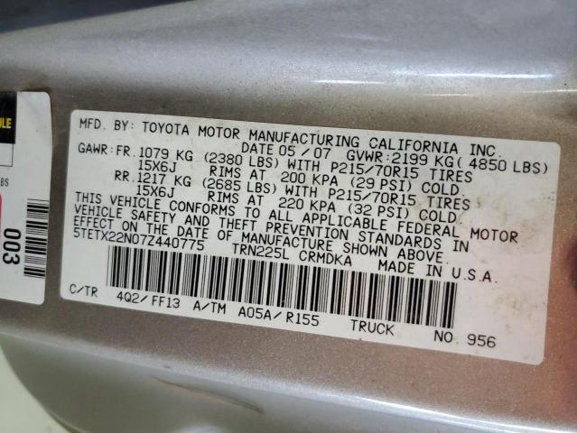 5TETX22N07Z440775 - 2007 TOYOTA TACOMA ACCESS CAB ოქროსფერი ფოტო 12