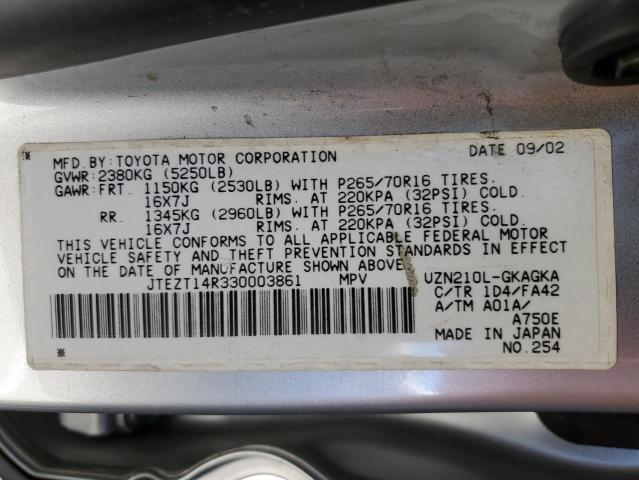 JTEZT14R330003861 - 2003 TOYOTA 4RUNNER SR5 SILVER photo 13