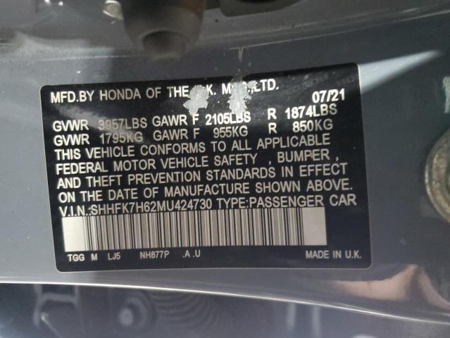 SHHFK7H62MU424730 - 2021 HONDA CIVIC EX Boz foto 12