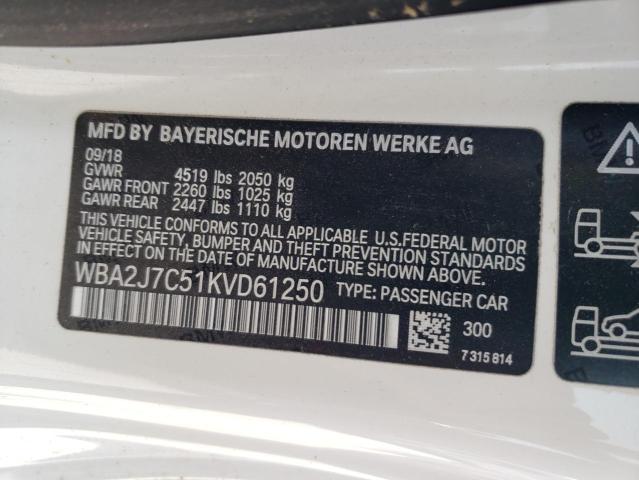 WBA2J7C51KVD61250 - 2019 BMW M240XI WHITE photo 12