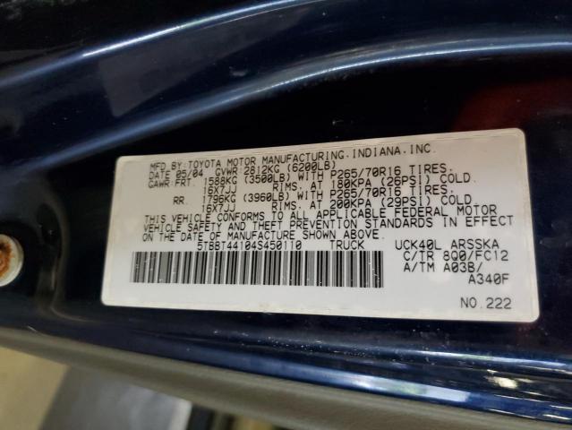 5TBBT44104S450110 - 2004 TOYOTA TUNDRA ACCESS CAB SR5 BLUE photo 12