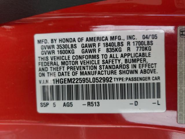 1HGEM22595L052992 - 2005 HONDA CIVIC LX RED photo 13