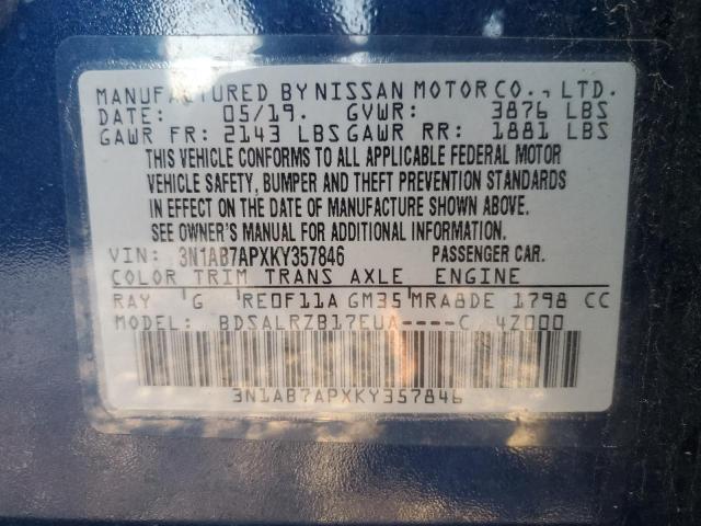 3N1AB7APXKY357846 - 2019 NISSAN SENTRA S BLUE photo 13