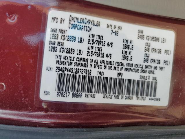 2B4GP44312R787018 - 2002 DODGE GRAND CARA SPORT BURGUNDY photo 14