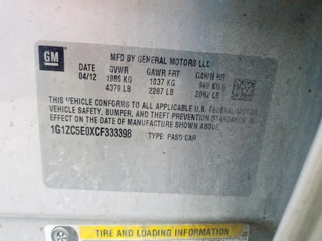 1G1ZC5E0XCF333398 - 2012 CHEVROLET MALIBU 1LT  照片 10