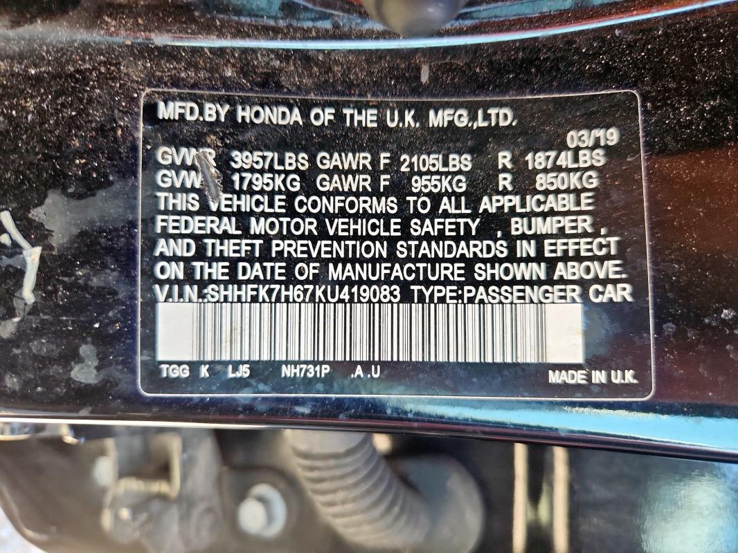 SHHFK7H67KU419083 - 2019 HONDA CIVIC EX BLACK photo 13