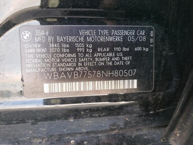 WBAVB77578NH80507 - 2008 BMW 335 I BLACK photo 12