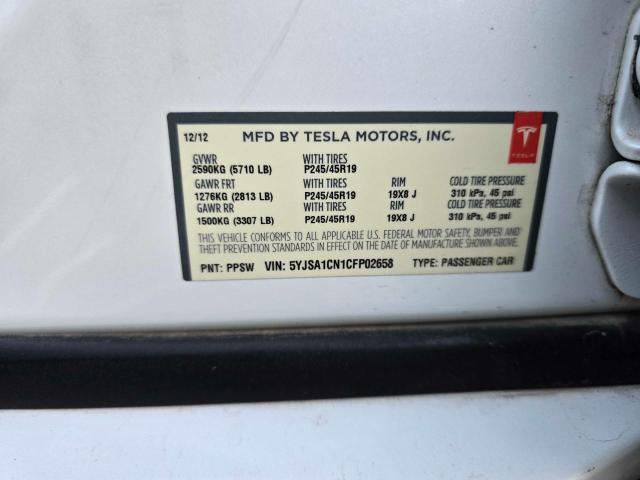 5YJSA1CN1CFP02658 - 2012 TESLA MODEL S WHITE photo 10