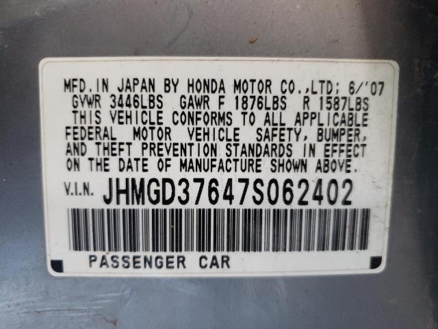 JHMGD37647S062402 - 2007 HONDA FIT S ნაცრისფერი ფოტო 13