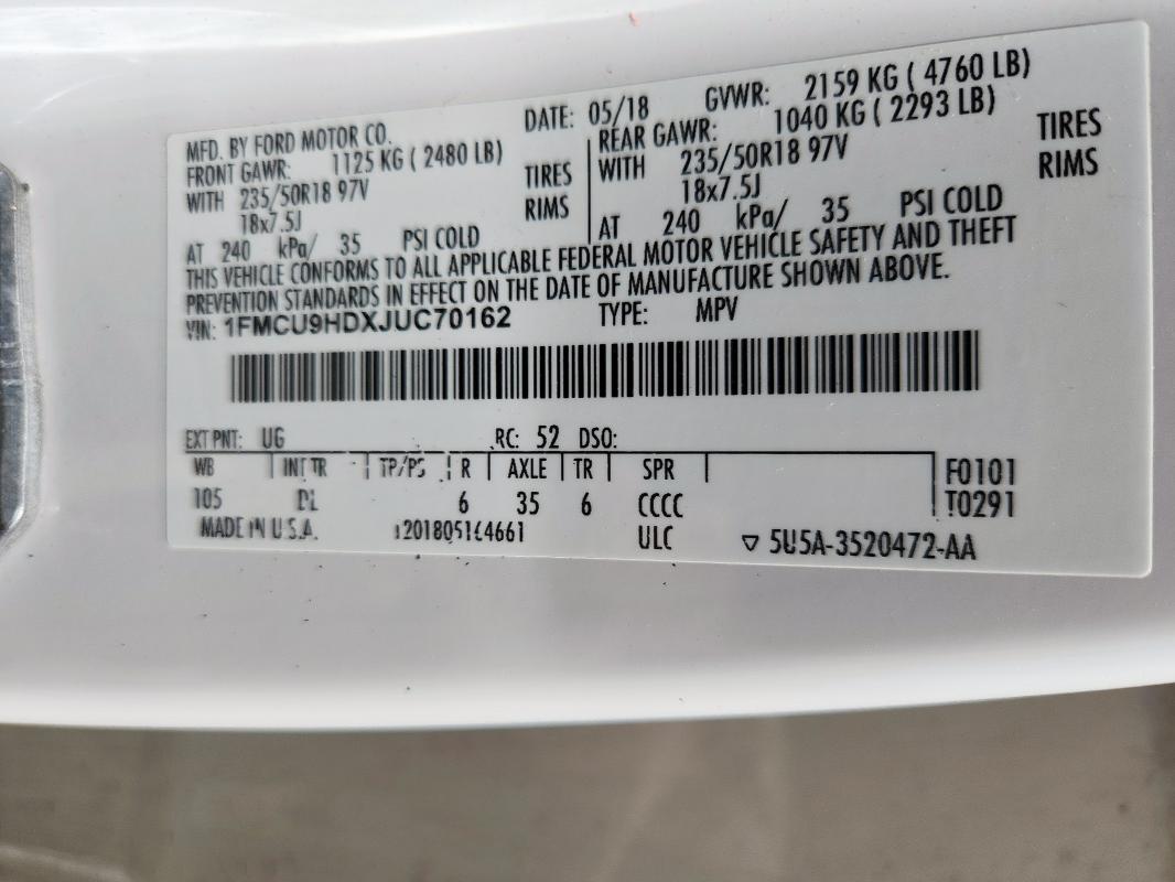 1FMCU9HDXJUC70162 - 2018 FORD ESCAPE SEL Weiß Foto 13