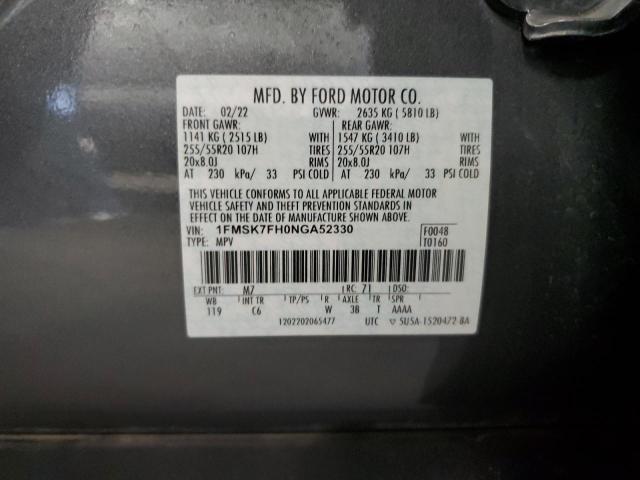 1FMSK7FH0NGA52330 - 2022 FORD EXPLORER LIMITED GRAY photo 14