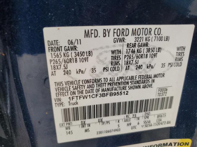 1FTFW1CF3BFB95512 - 2011 FORD F150 SUPERCREW BLUE photo 12