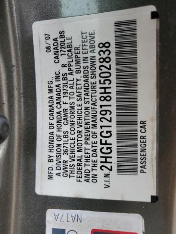 2HGFG12918H502838 - 2008 HONDA CIVIC EXL GRAY photo 12